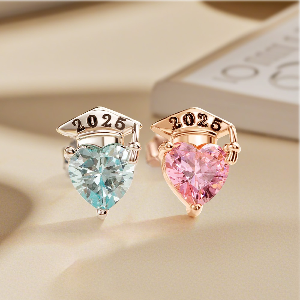 Custom Graduation Cap Stud Earrings with Birthstones Heart Post Earrings Class of 2025 Graduation Jewelry Graduation Gifts for Her/Family/Friends