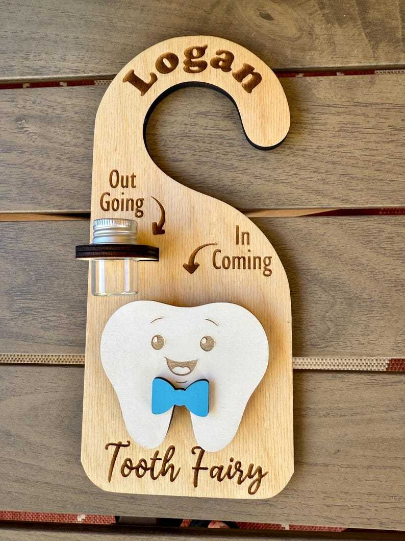 Personalized Tooth Fairy Door Hanger Custom Name Tooth Holder with Jar and Money Slot Kids Tooth Fairy Gift for Boys and Girls