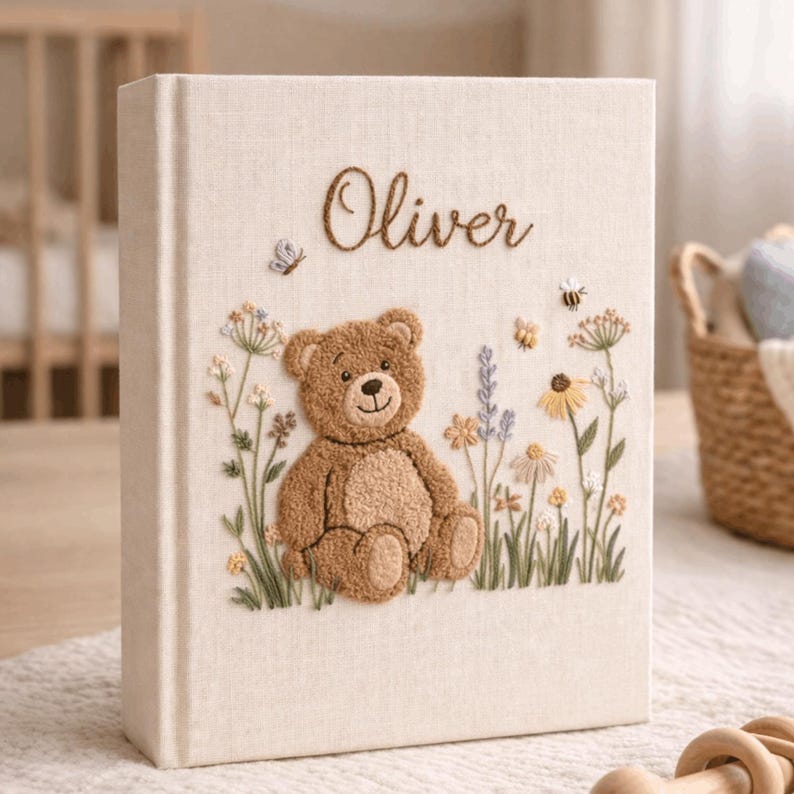 Hand Embroidered Baby Photo Album with Teddy Bear – Personalized Linen Baby Memory Book, Newborn Keepsake Album