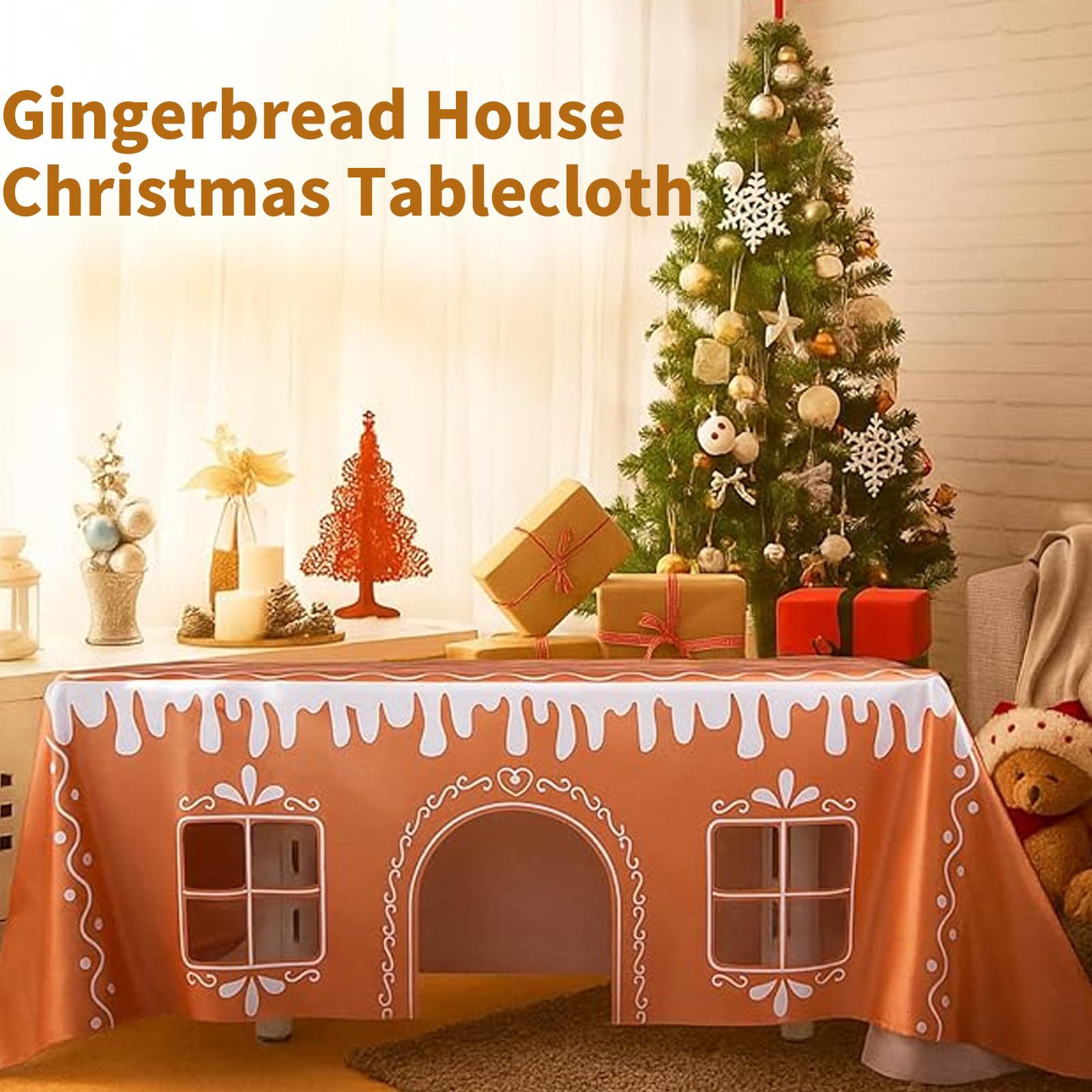 Gingerbread House Christmas Tablecloth Interactive Holiday Table Cover with Play Door for Kids and Pets Festive Home Décor