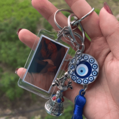 Custom Photo Keychain with Text Personalized Ride Safe Evil Eye Pendant Keychain Gift for friends Gift for Riding Enthusiasts