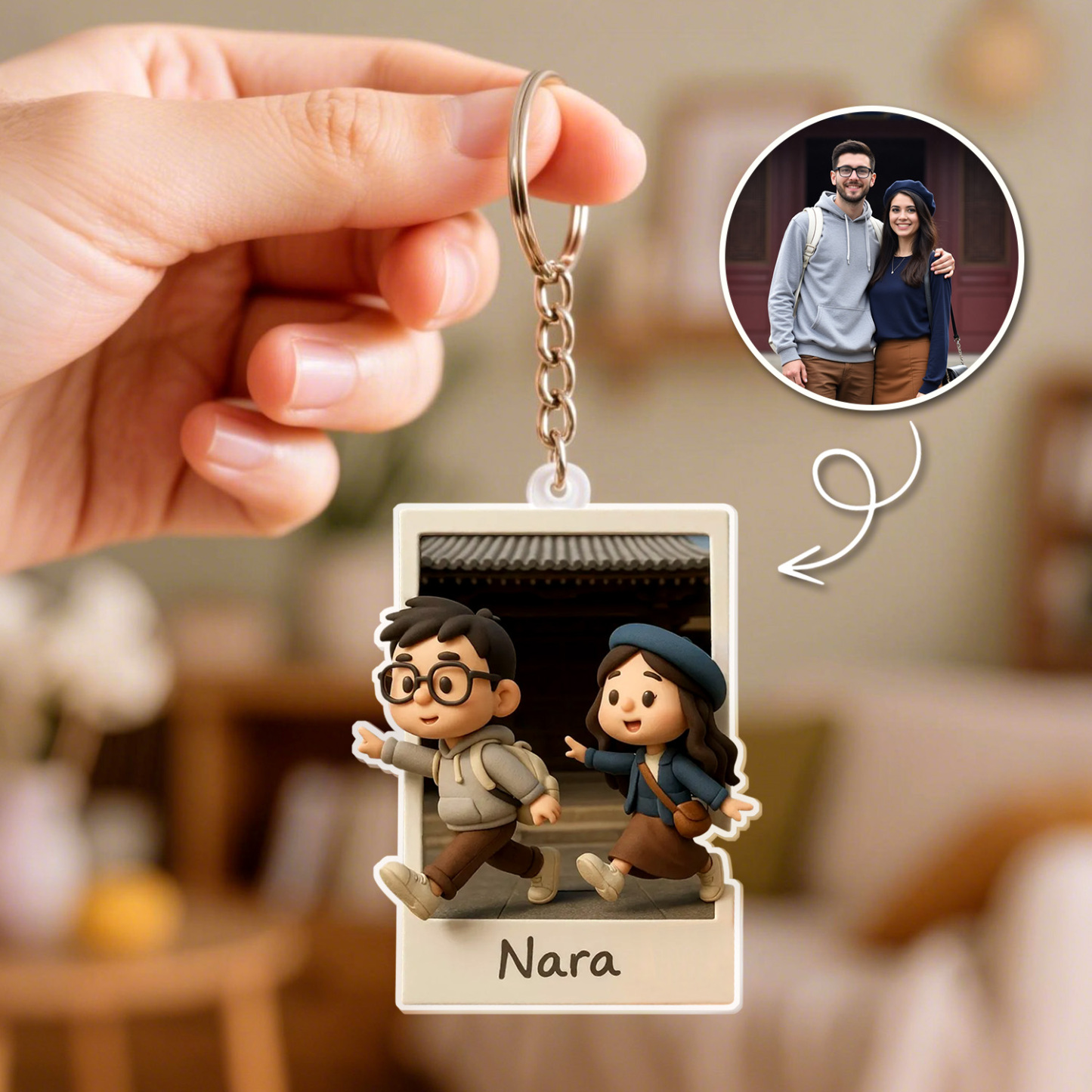 Custom 3D Acrylic Travel Photo Keychain with Text Anniversary Gift