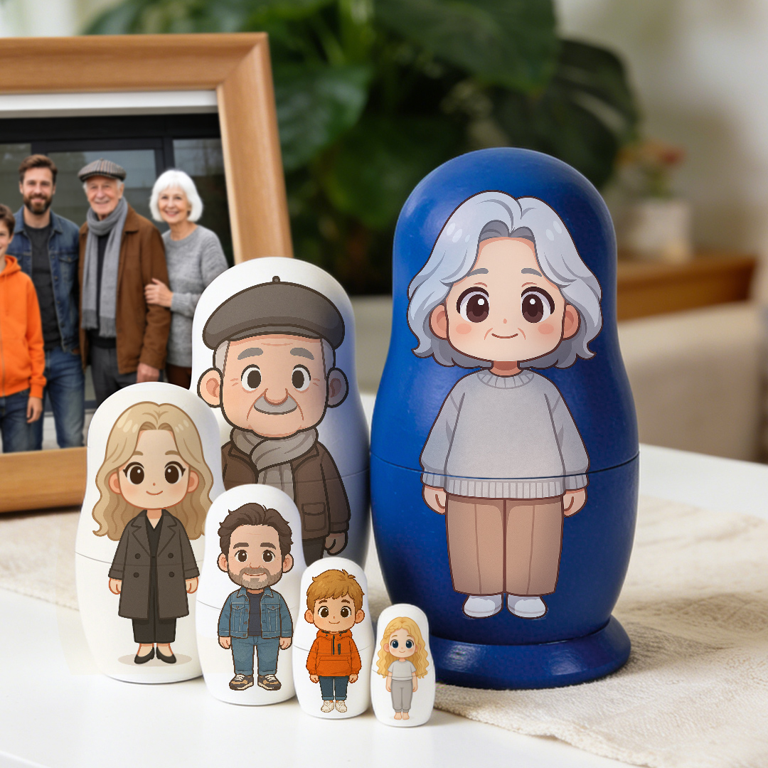 Personalized Portrait Nesting Doll Custom Photo Family Portrait Cartoon Style Gift Photo Gift for Grandma detail