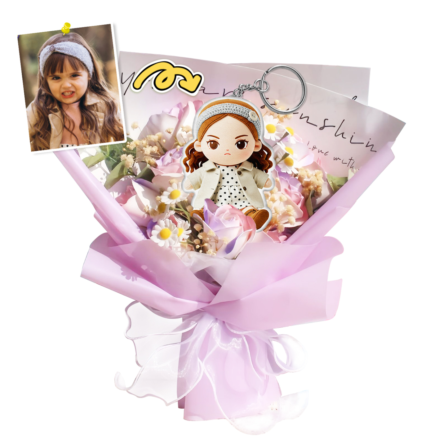 Custom Photo Plush Keychain Doll Bouquet Personalized Cartoon Mini Doll Flowers Mother's Day Gift