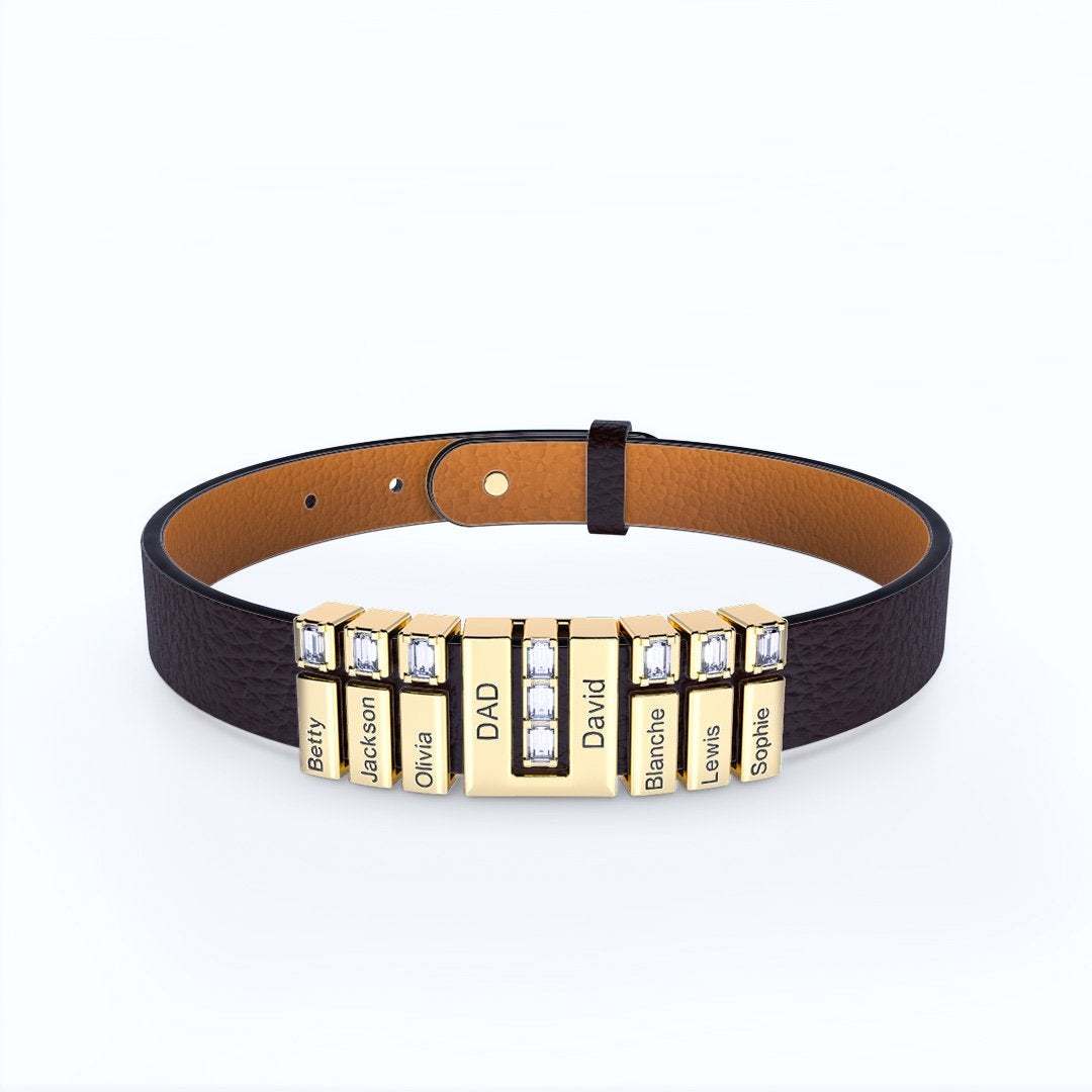 Men's Personalized Leather Bracelet With Adjustable Diamond Beads Rose Gold Plated Stainless Steel For Father's Day 
