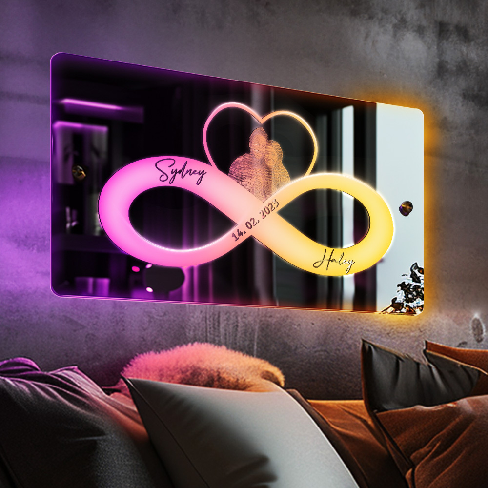 Personalized Photo And Date Name Mirror Light Infinity Heart Couple Valentine's Day Gifts Wall Decorations For Lover