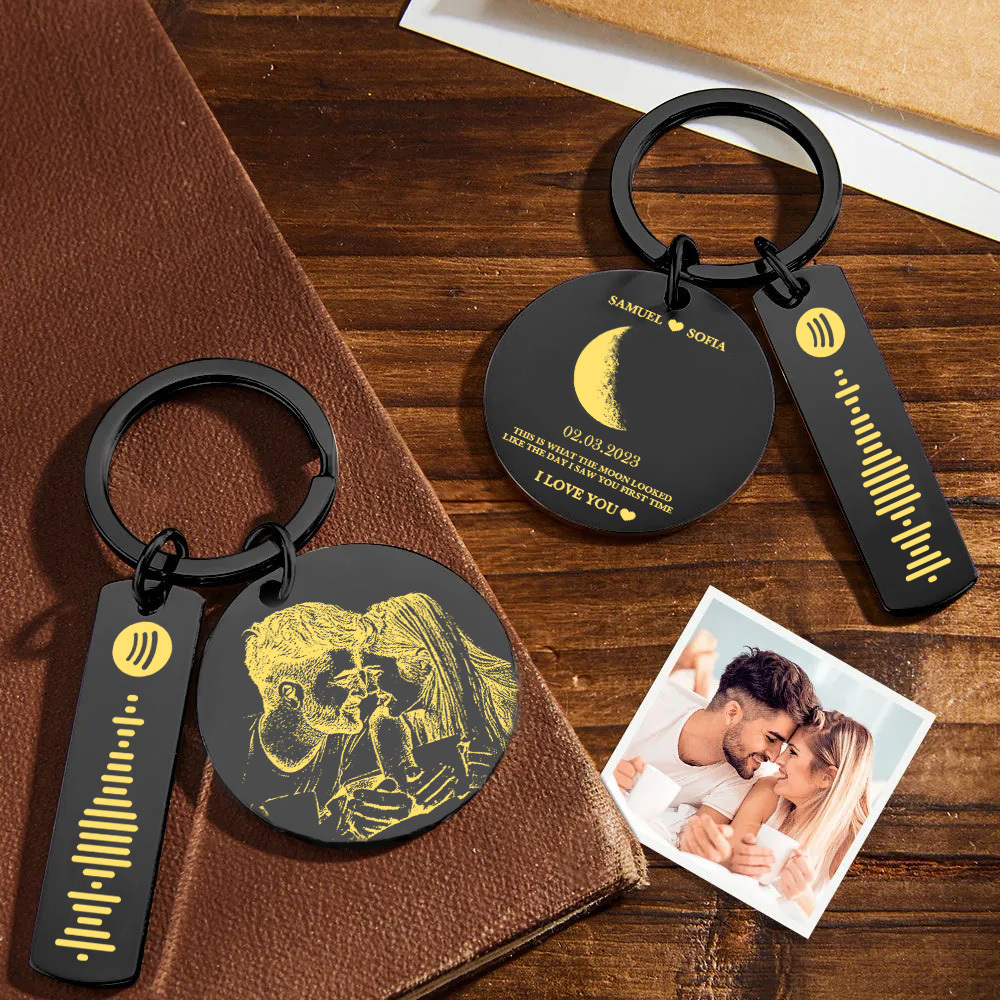 Custom Moon Phase Keychain Photo Spotify Keychain Personalized Stainless Steel Key Chains Valentine's Day Gift - soufeelus