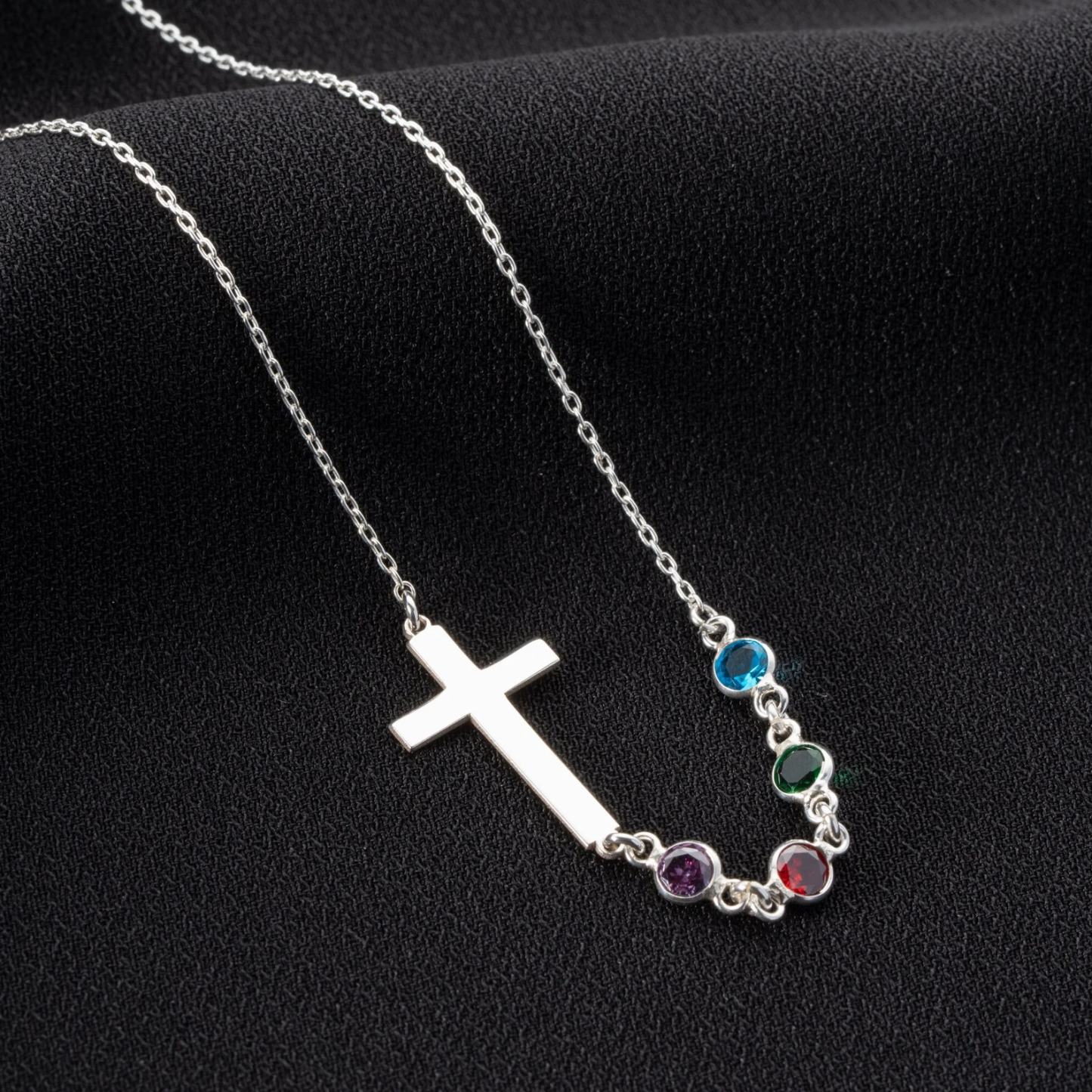 Personalized Birthstone Silver Cross Necklace Cross Family Birthstone Necklace - soufeelus