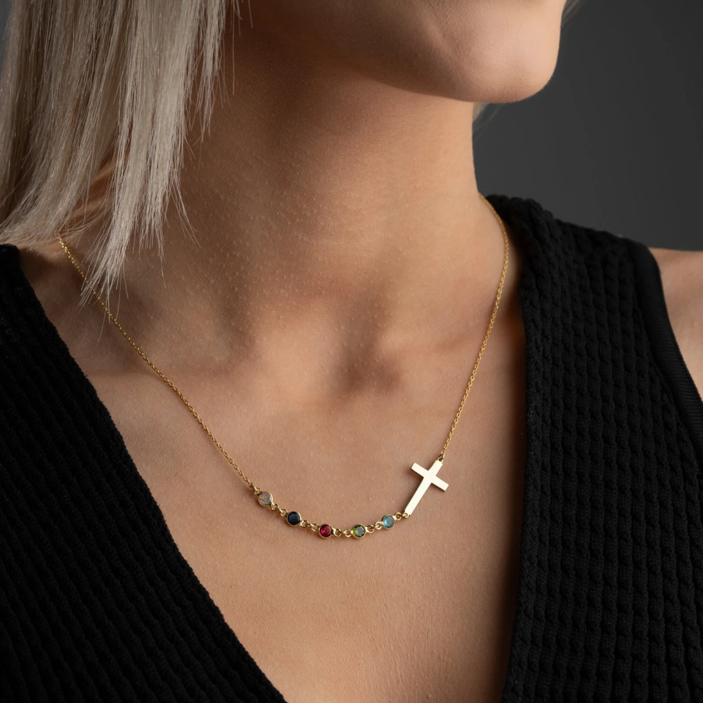 Personalized Birthstone Silver Cross Necklace Cross Family Birthstone Necklace - soufeelus