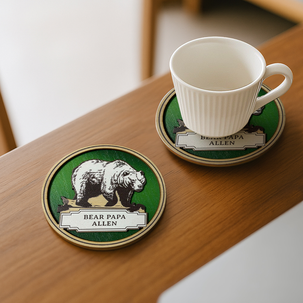 Personalized Bear Family Wooden Coaster & Ornament – Custom Name Rustic Gift