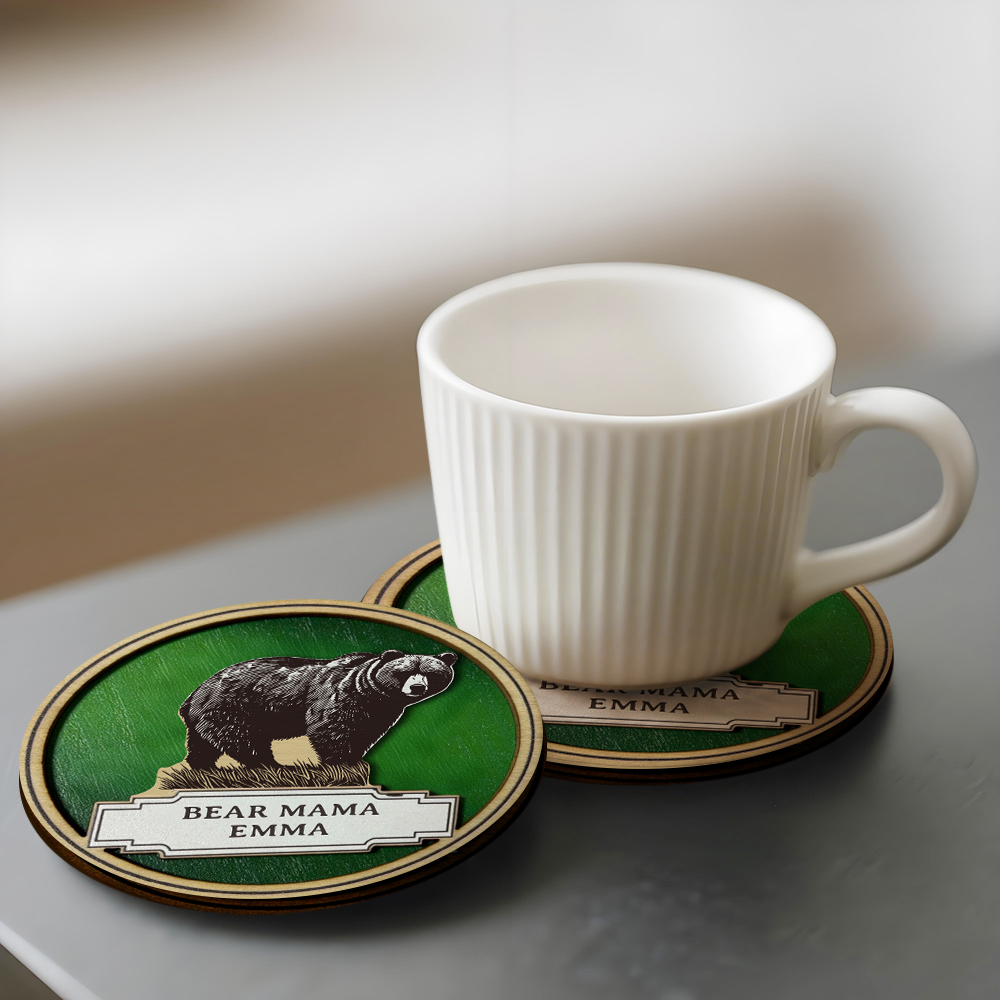 Personalized Bear Family Wooden Coaster & Ornament – Custom Name Rustic Gift