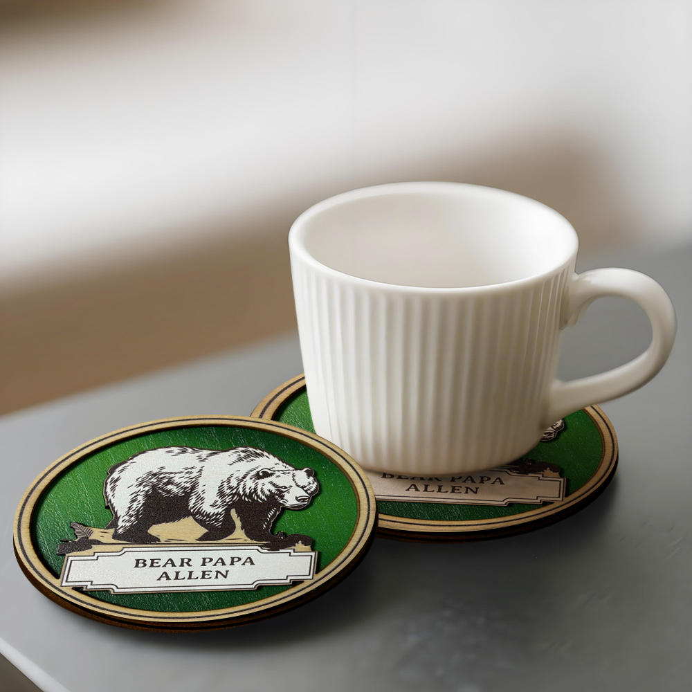 Personalized Bear Family Wooden Coaster & Ornament – Custom Name Rustic Gift