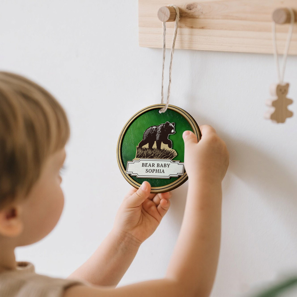 Personalized Bear Family Wooden Coaster & Ornament – Custom Name Rustic Gift