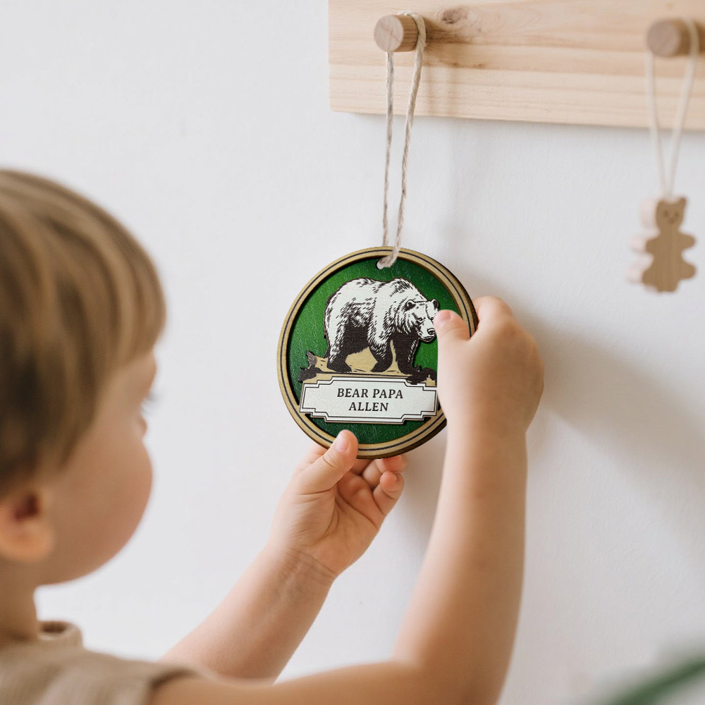 Personalized Bear Family Wooden Coaster & Ornament – Custom Name Rustic Gift