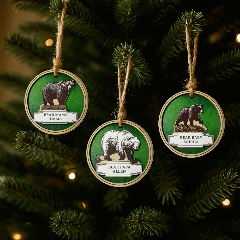 Personalized Bear Family Wooden Coaster & Ornament – Custom Name Rustic Gift