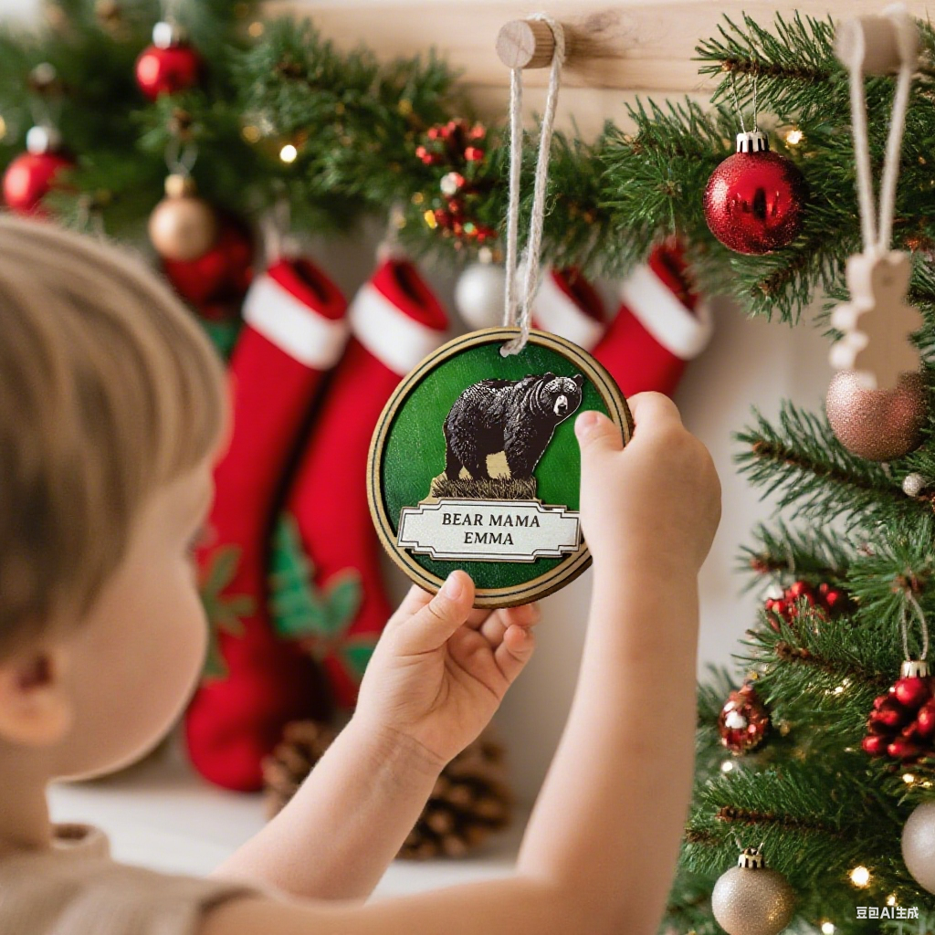 Personalized Bear Family Wooden Coaster & Ornament – Custom Name Rustic Gift