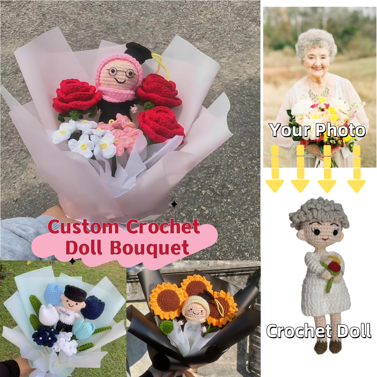 Custom Doll Bouquet Tulip Flower Hand-Woven Simulation Wool Crochet Mother's Day Gifts
