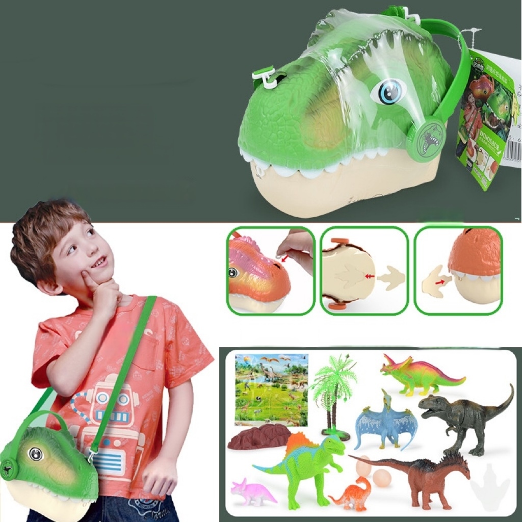 Soft plastic dinosaur toy storage head box simulation Tyrannosaurus Rex Triceratops Jurassic animal model hand