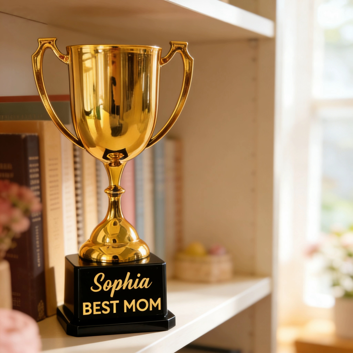 Personalized BEST MOM Trophy with Custom Name Knitted Flower Bouquet Mother’s Day Gift for Mum from Daughter or Son