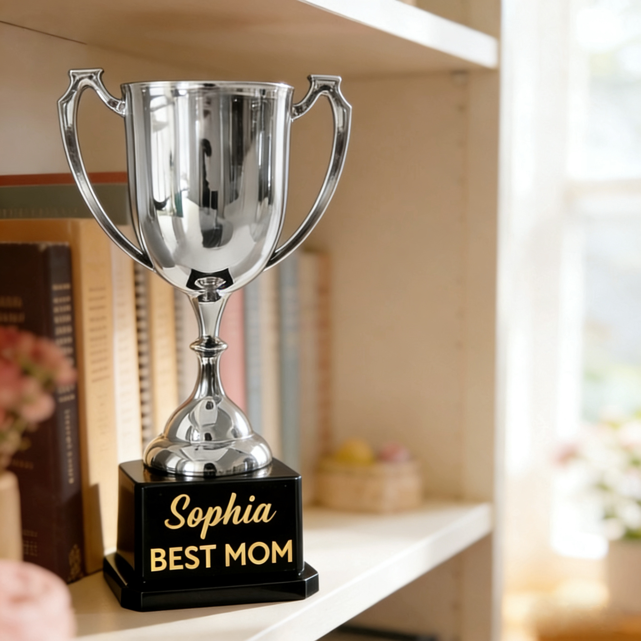 Custom Name BEST MOM Trophy with Knitted Flower Bouquet Mother’s Day Gift for Mum from Daughter or Son