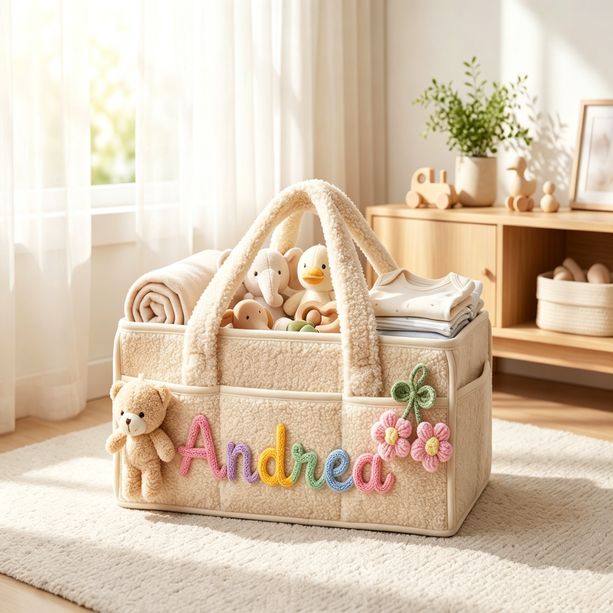Personalized Plush Baby Storage Basket, Custom Yarn Name Diaper Caddy, Nursery Organizer Basket, Baby Shower Gift for New Mom
