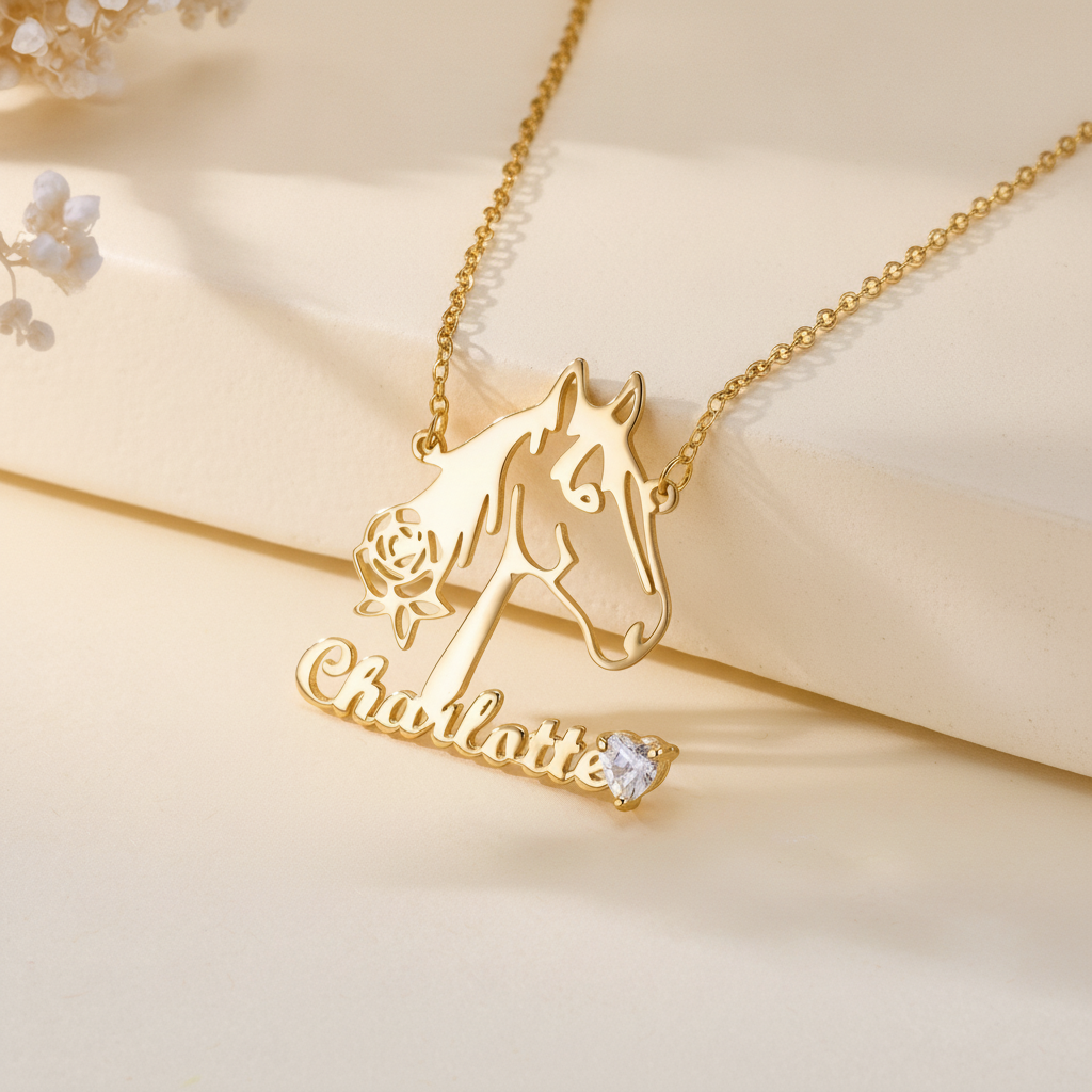 Personalized Hollow Horse Rose Sterling Silver Necklace with Name and Birthstone Dainty Jewelry Birthday Gift for Horse Lovers detail