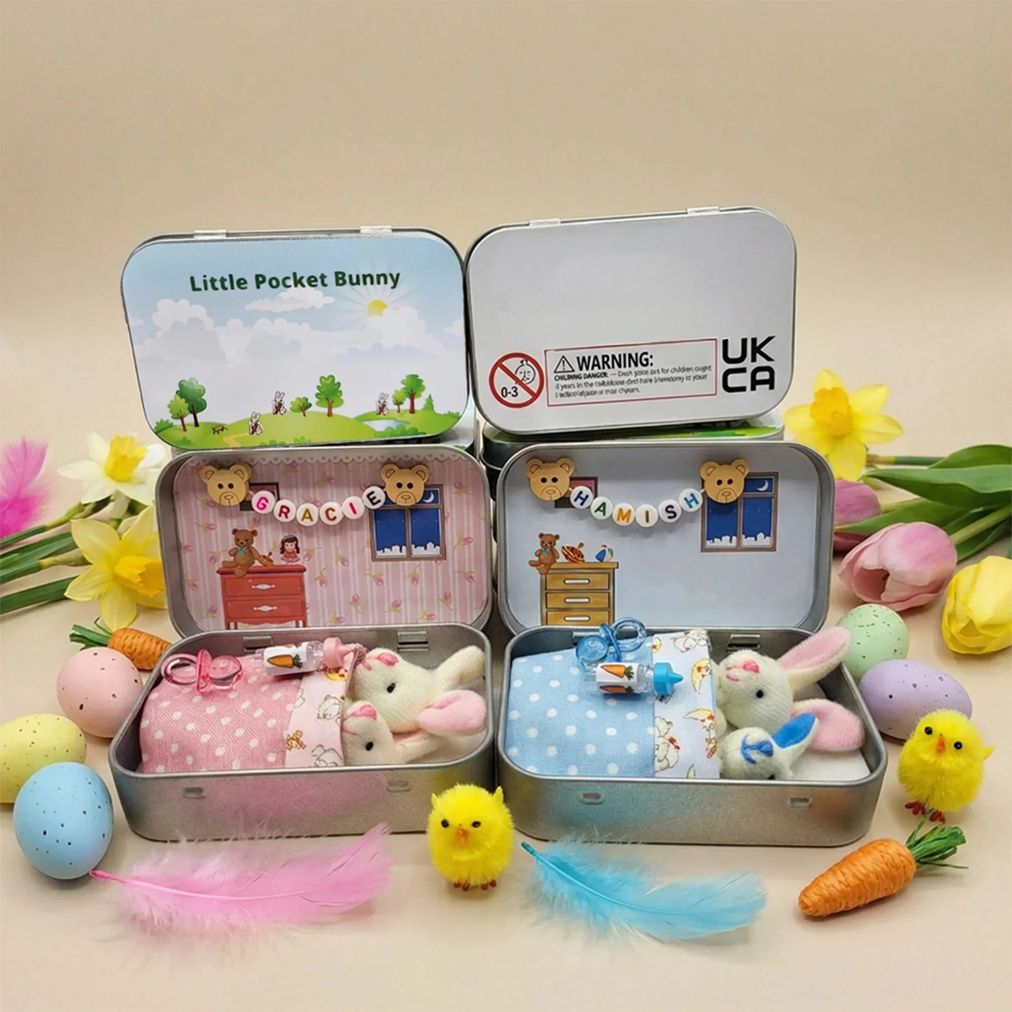 Custom Bunny Mummy Tiny Plush Pocket Tin with Name, Pocket Teddy Bear in Tin, Role Play Toy, Anxiety Easter Gift for Kids