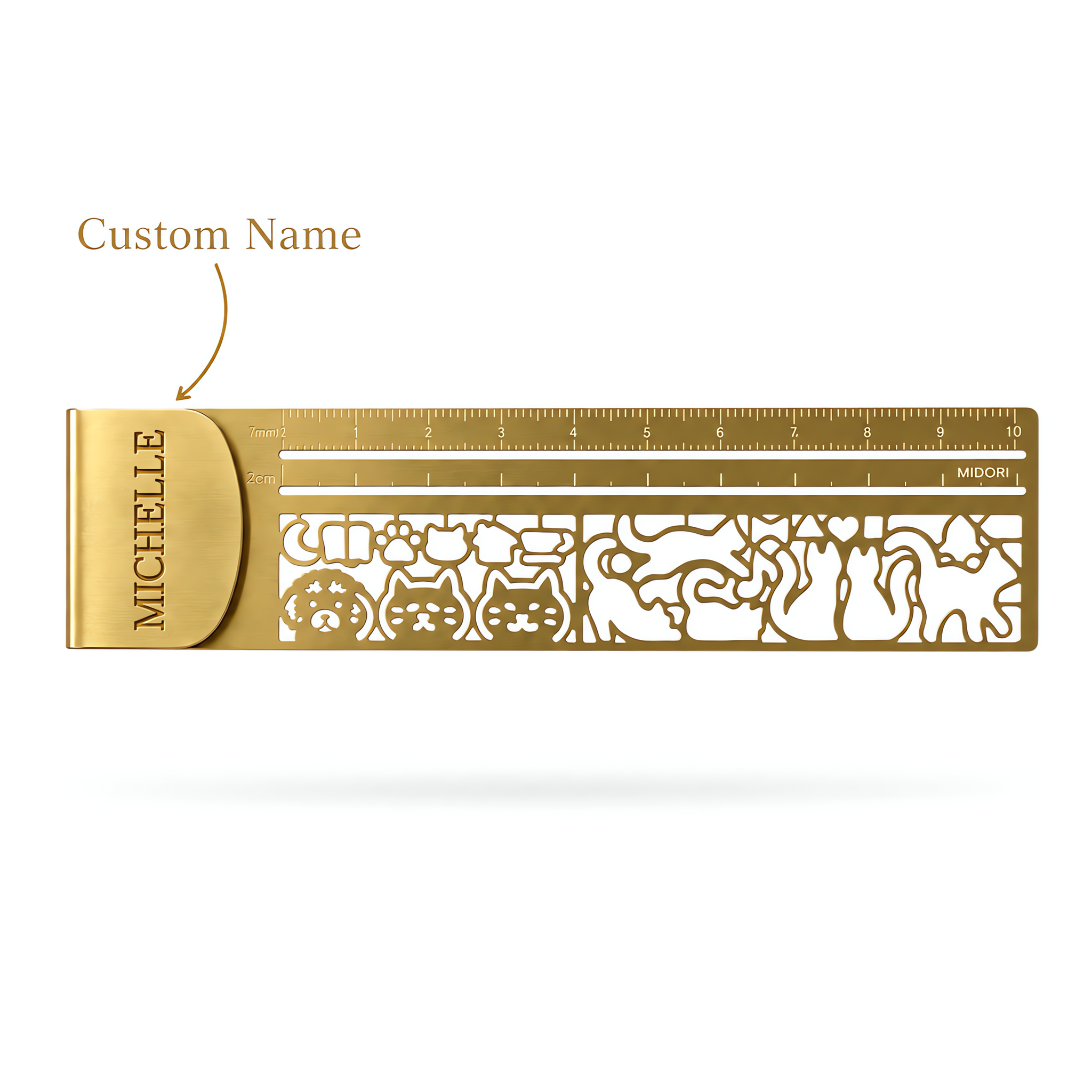 Custom Name 3-in-1 Vintage Cat Bookmark Stencil Ruler Metal Hollow Drawing Template Page Clip Measuring Ruler Kawaii Stationery Gift for Journaling & Reading