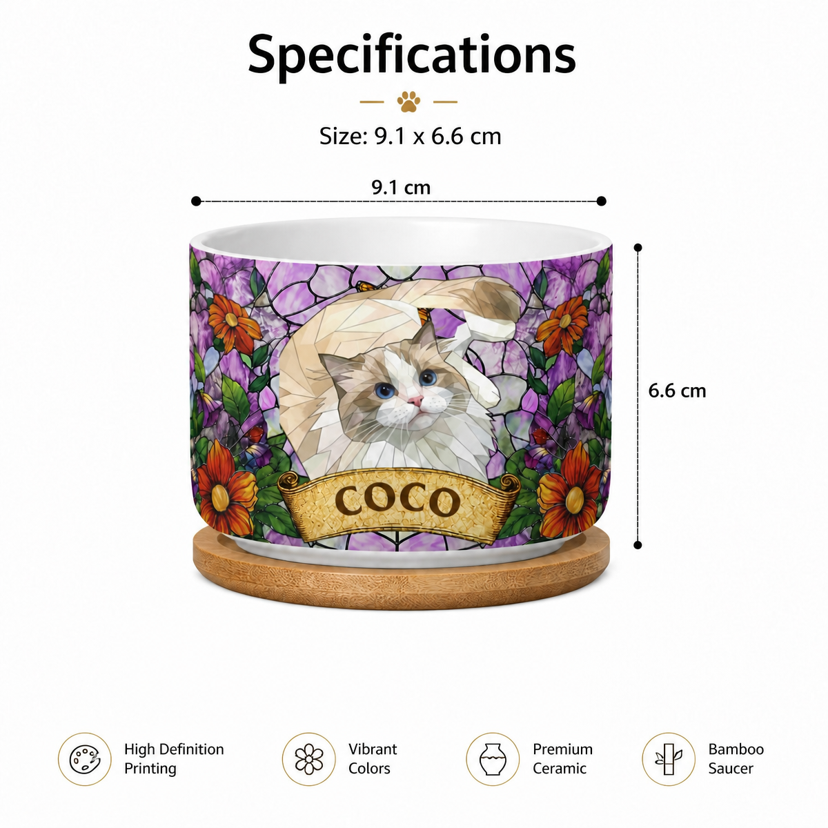 Custom Pet Portrait Plant Pot – Personalized Stained Glass Style Planter, Pet Memorial Gift, Dog & Cat Loss Sympathy Keepsake detail