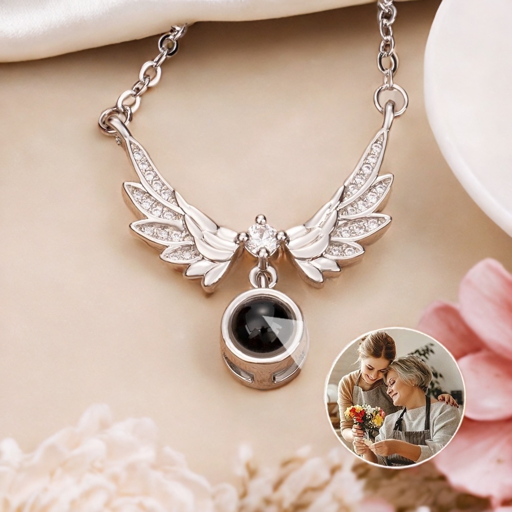 Personalized Wing Photo Projection Necklace with Picture Inside Gifts for Mom