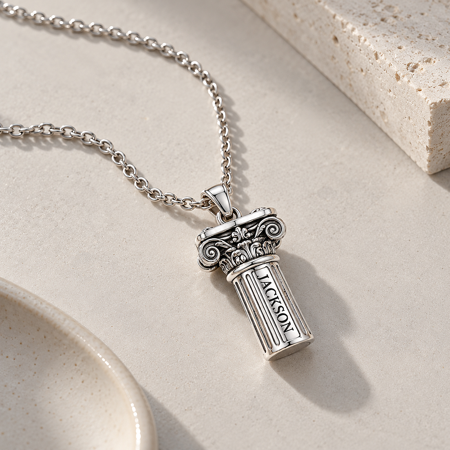 Custom Engraved Greek Column Necklace in Solid 925 Silver - Ionic & Corinthian Architecture Pendant, Heavy Silver, Built to Age With You