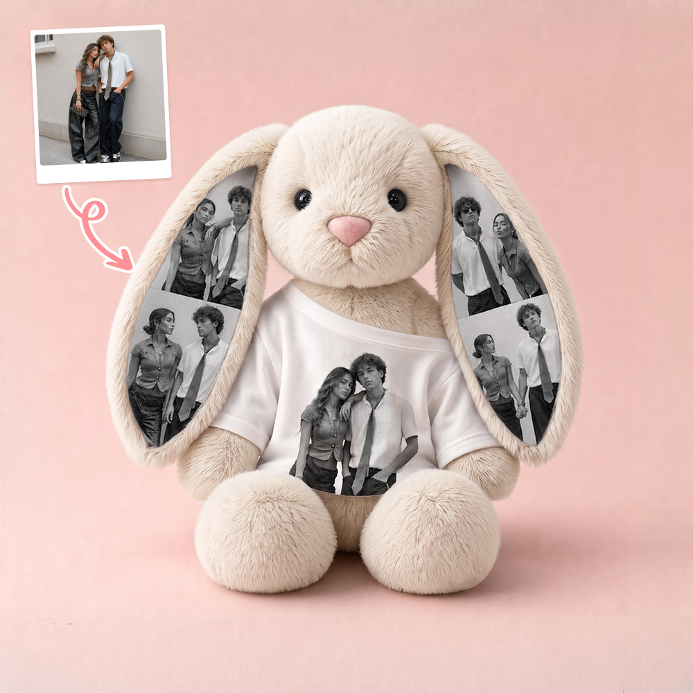 Personalized Bunny Plush with Your Photos – Custom Printed Ears & Shirt Stuffed Rabbit Toy, Cute Memory Keepsake Gift for Couples & Kids