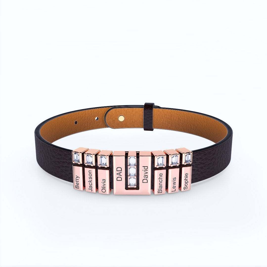 Men's Personalized Leather Bracelet With Adjustable Diamond Beads, Perfect Gift For Father's Day Rose Gold Plated Stainless Steel