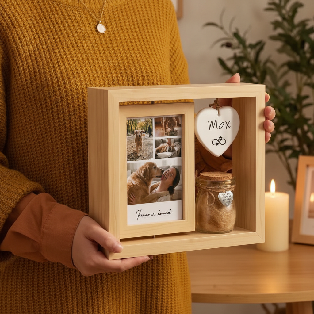 Personalised Pet Photo Collages Memorial Wooden Frame with Hair Jar Name and Text Home Decor Loss of Pet Sympathy Gift for Pet Lovers