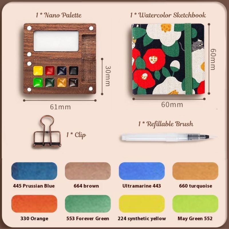 Mini Walnut Color Box Watercolor Package 8 Colors Portable Sketch Journal Book Travel Watercolor Painting Set