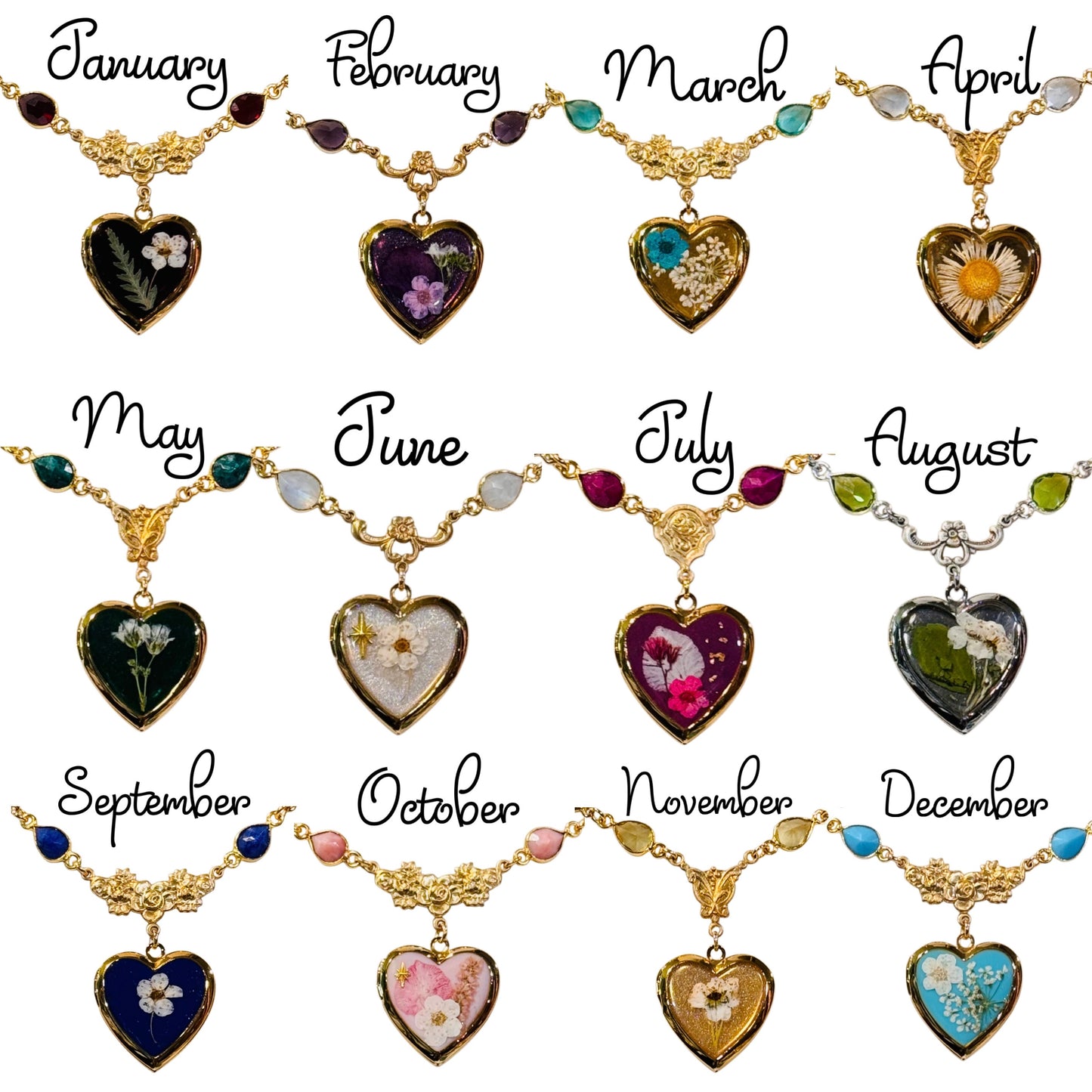 Custom Pressed Flower Birthstone Heart Necklace (Gold) 12 Months Real Dried Flower Resin Heart Pendant Necklace Vintage Botanical Gemstone Jewelry Birthday Gift for Her