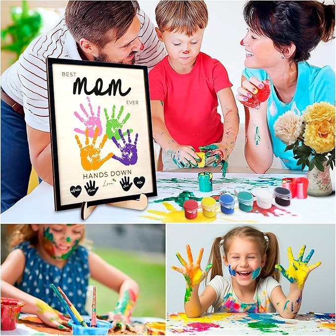 Hands Down Best Mom Ever DIY Handprint Kit with Non-Toxic Paints Art Craft Family Keepsake Wood Frame Mother's Day Gift Family Memories Sign with Kids Names