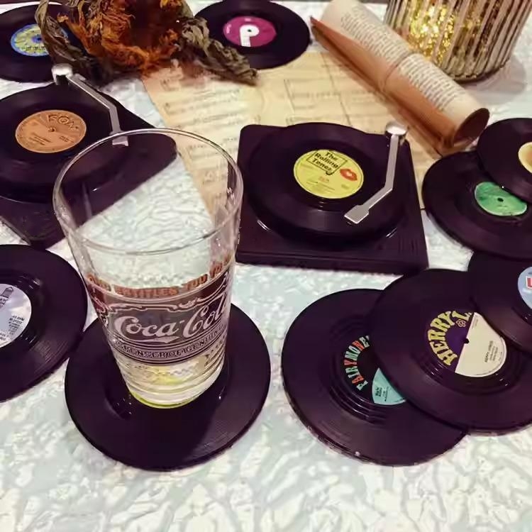 Custom NFC Song Vinyl Record Coasters Retro Photo Coasters With Storage Rack Heat-Insulating And Non-Slip Coasters