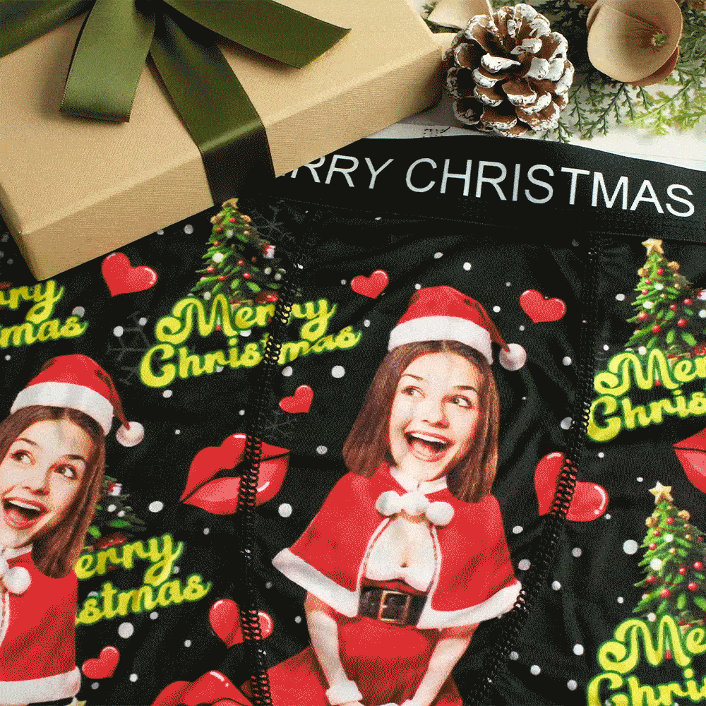 Custom Photo Boxer Santa Woman Face Underwear Couple Gifts Christmas Gift AR View