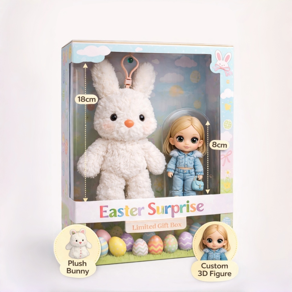 Easter Surprise Gift Box – Plush Bunny + Custom 3D Figure | Personalized Easter Gift Set