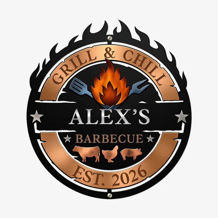Rustic Flame Grill Sign for Men Who Cook – Personalized Outdoor Wall Art for Backyard Barbecue Lovers, Man Cave or Garage Decor