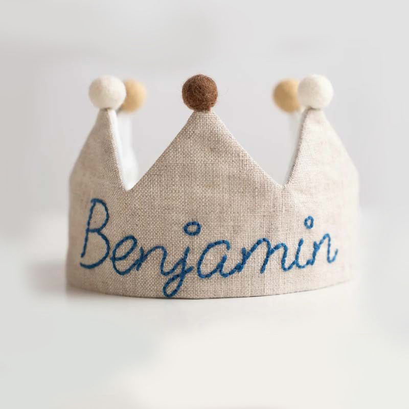 Hand Embroidered Linen Crown for Kids and Children's Birthdays, Personalized Gifts | Keepsake for First Birthday Party | Neutral Birthday