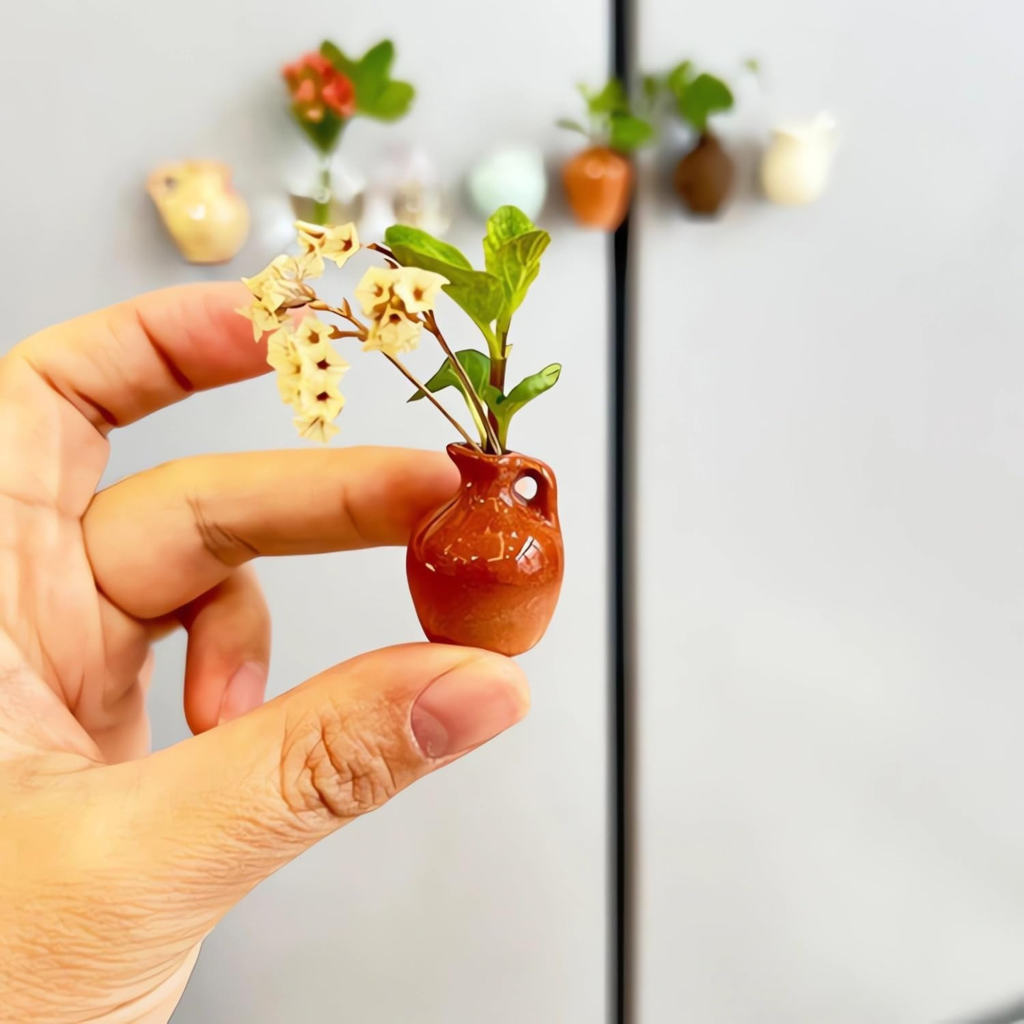 Mini Ceramics Vase Fridge Magnets Label Bonsai Magnet Button Potted Simulation Flower Vase Refrigerator Message 8pcs Set