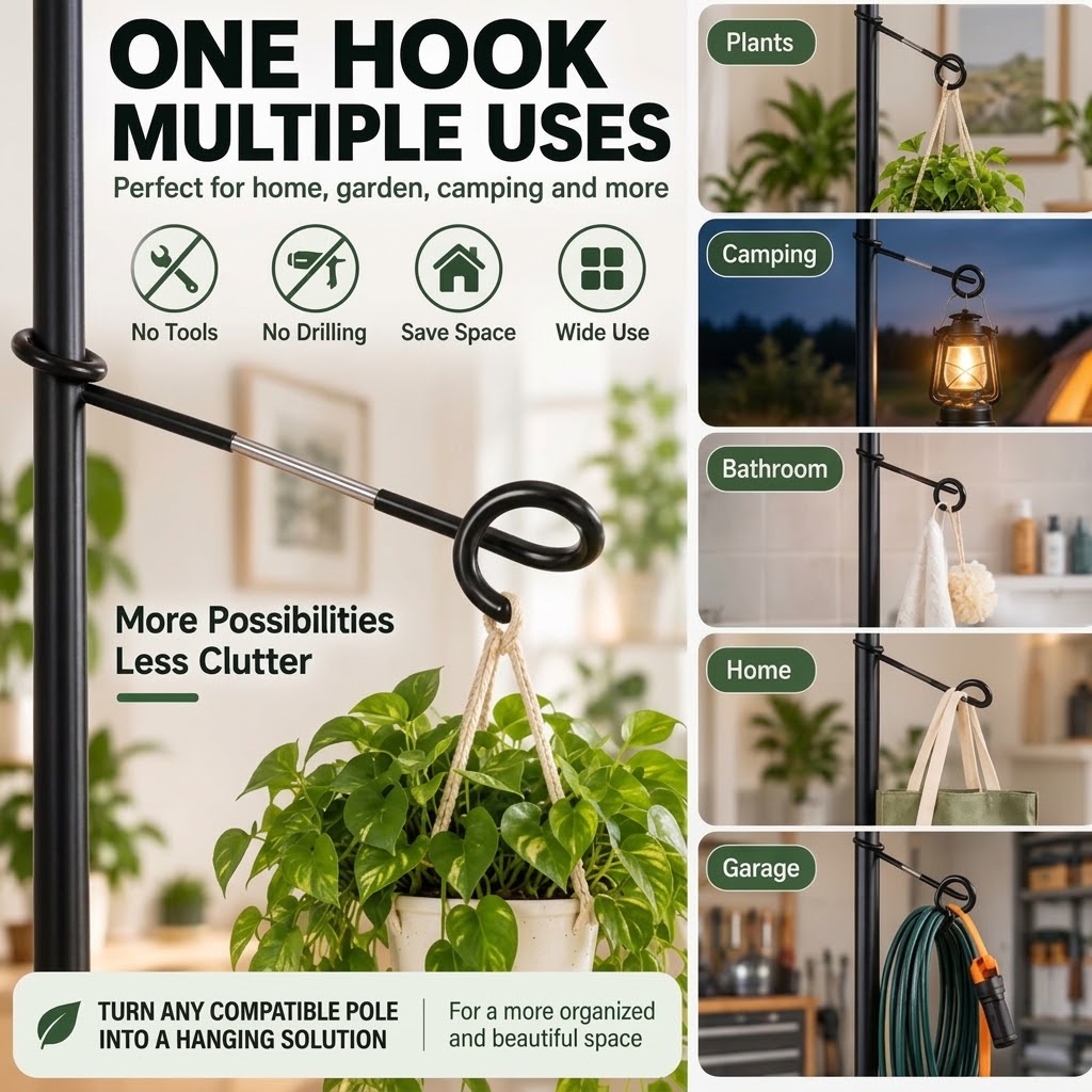 Plant Pole Hanging Hook No-Drill Extension Arm Hook Metal Plant Hanger Holder for Tension Rods Indoor Hanging Planters Macrame Baskets