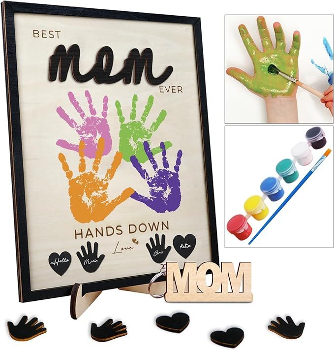 Hands Down Best Mom Ever DIY Handprint Kit with Non-Toxic Paints Art Craft Family Keepsake Wood Frame Mother's Day Gift Family Memories Sign with Kids Names