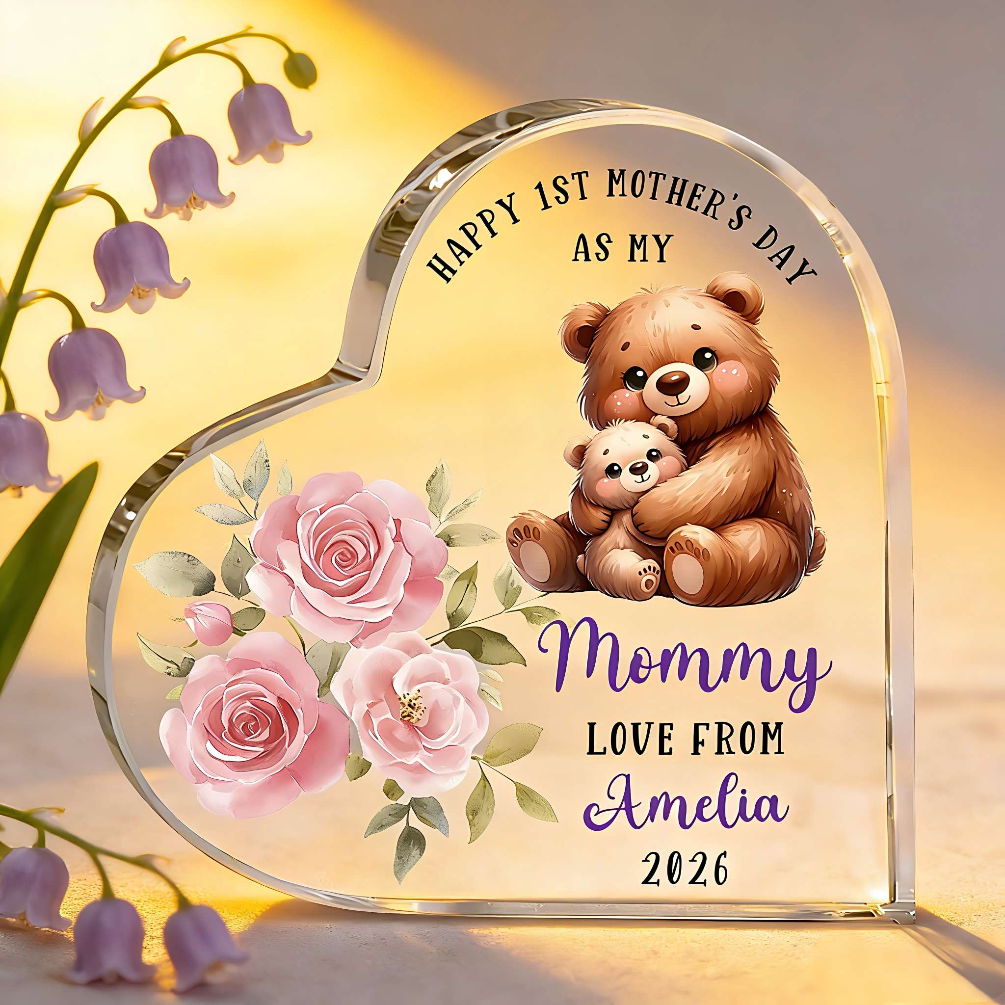 Personalized Happy 1st Mother's Day Cute Animal Heart-shape Acrylic Plaque with Name Desk Decor Mother's Day Birthday Gift for Mom