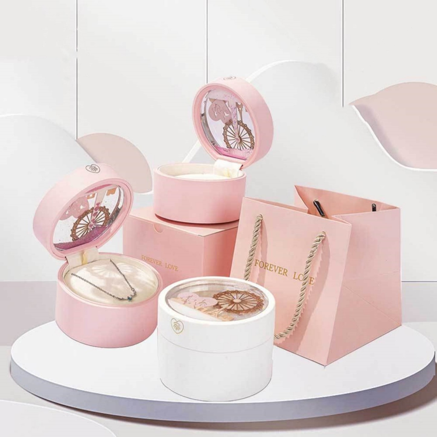 Necklace Pendant Box Jewelry Box Gift Boxes Single Neckline Box Pendant Wheel Round Jewelry Gift Case LED Light Clamshell Small for Proposal White & Pink