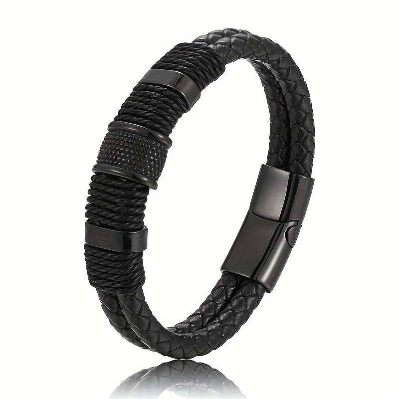Men's Braided Leather Style Bracelet Handmade Layered Cord Wristband with Textured Metal Clasp Modern Minimalist Casual Jewelry Gift for Men