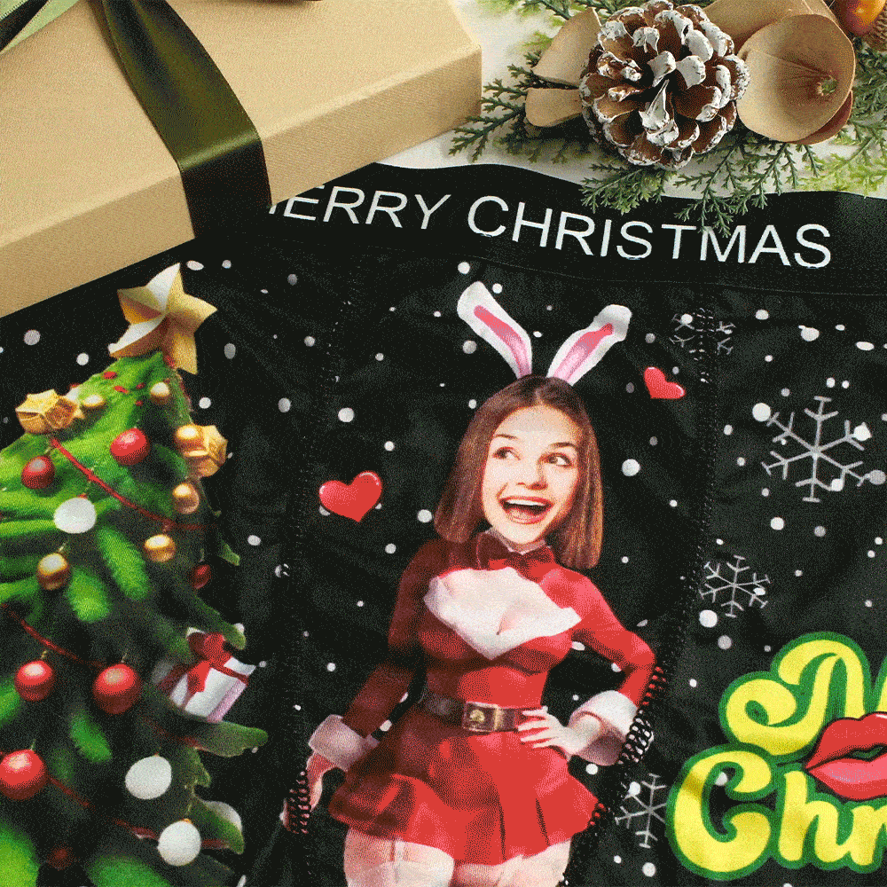 Custom Photo Boxer Santa Bunny Girl Face Underwear Couple Gifts Christmas Gift AR View