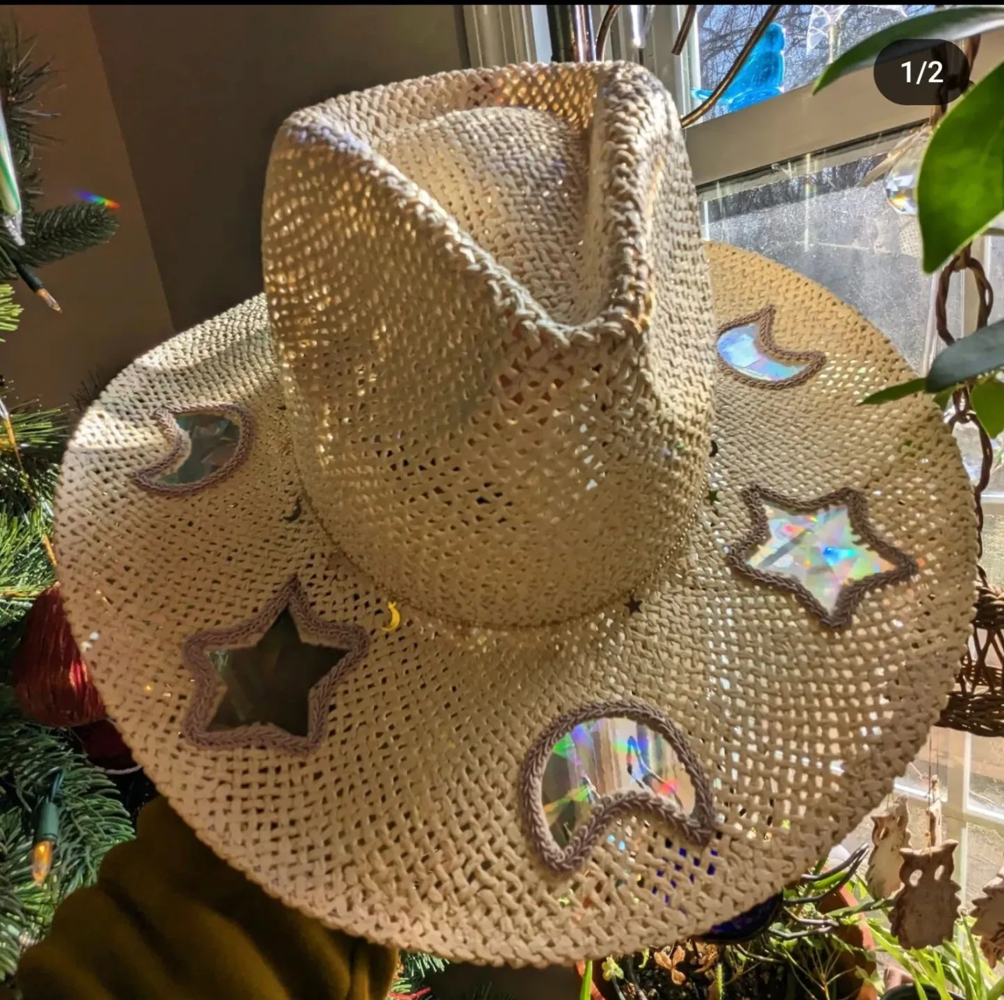 Celestial Suncatcher Cosmic Cowgirl Straw Prism Hat Cowboy Tan Beach Rainbow Moon and Stars, Choose Your Hat Band
